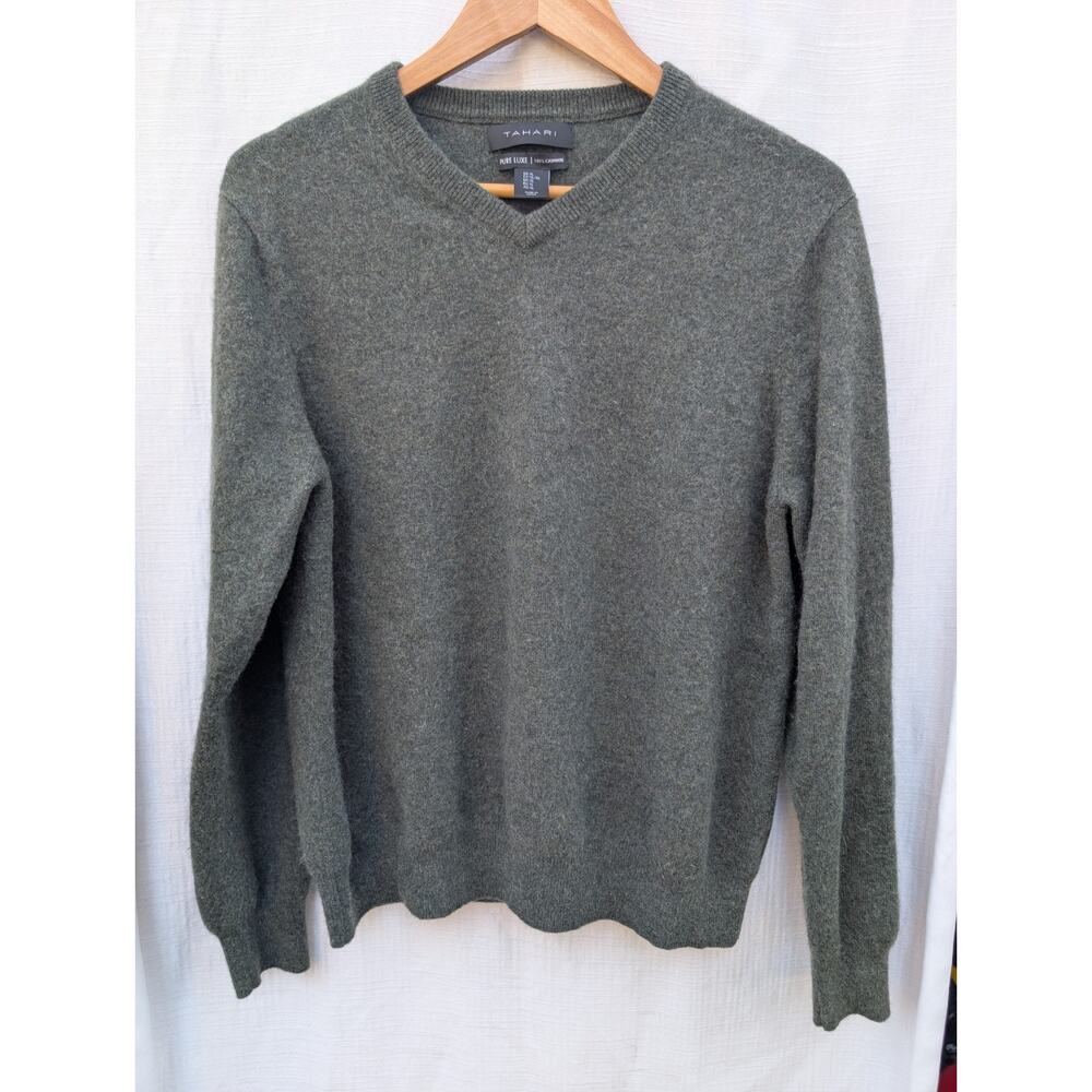 Tahari Pure Luxe 100% Cashmere Men's Handsome Green‎ V Neck Sweater XL $245